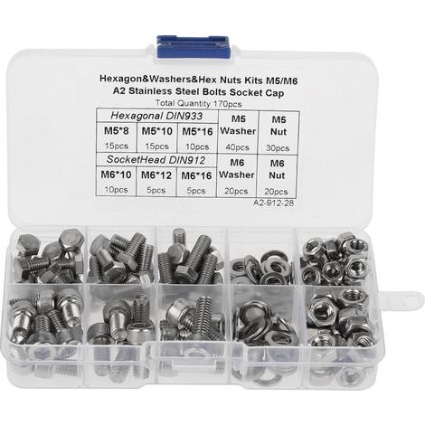 Boulons vis, 170 pièces M5 M6 en acier inoxydable pratique pour le stockage boulon à douille hexagonale pour les fixations de construction (1/5)