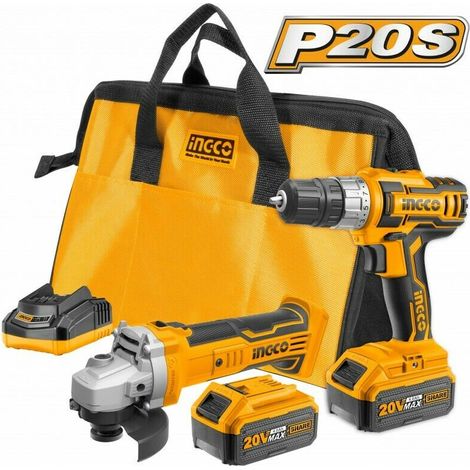 Trapano avvitatore smerigliatrice 20V con 2 batterie caricabatterie borsa INGCO