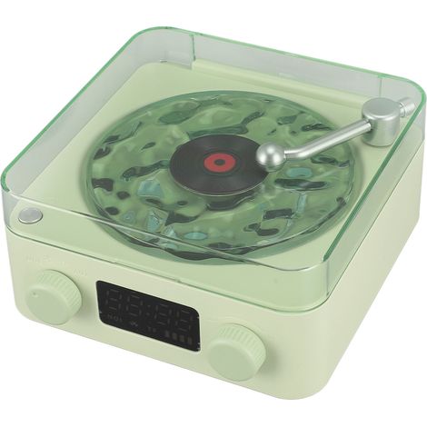 Enceinte Bluetooth style platine vinyle avec veilleuse et affichage de l'heure, mini enceinte stéréo sans fil multifonction 3 en 1, verte (1/5)