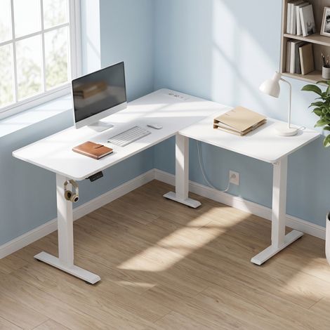 Bureau Assis Debout Électrique en L avec Prises, 160 x 140 cm, Blanc (1/5)