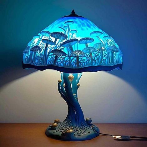 Lampe champignon en verre peint bleu, style rétro coloré, lampe de chevet décorative pour chambre, salon, bureau, cadeau original (1/5)