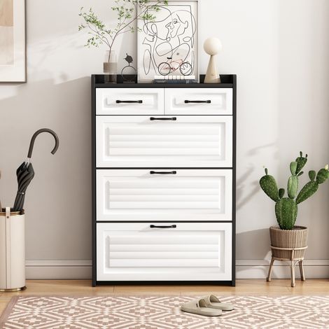 Scarpiera, Mobile portascarpe con 3 ante a ribalta, Armadietto per ingresso con 2 cassetti, Design salvaspazio moderno, Struttura in legno elegante, Nero (1/5)