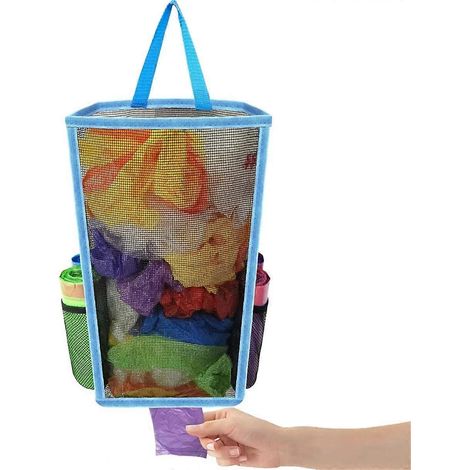 Sac poubelle suspendu en plastique respirant à mailles fines, idéal pour ranger chaussettes et autres petits objets, cuisine et salle de bain (bleu). (1/5)