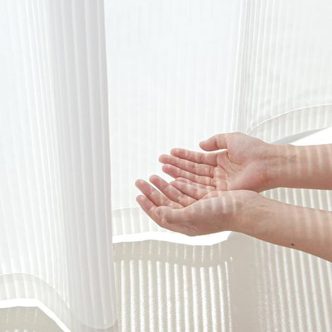 Rideau Voilage acec Motif Rayé - Blanc Draperies Intérieurs a Œilltes pour Cuisine Salon Maison Chambre Protéger la Vie Privée, L140xH145cm, 2 Panneaux (1/5)