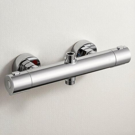 AURALUM MAX Thermostatische Duscharmatur Messing Mischbatterie mit 2 Auslässen Thermostatkartusche Thermostat Brausebatterie  38 °C Sicherheitstaste Chrom (1/5)