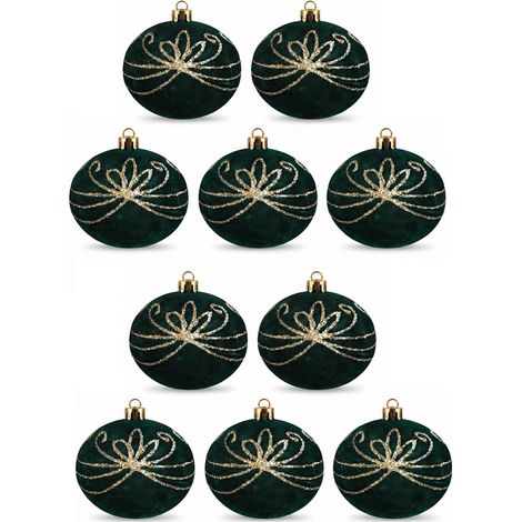 10 Palle per Albero di Natale grandi 10cm Velluto VERDE SCURO ANTICO con Decorazioni  oro  Palline sfera natalizia addobbi verdi ghirlande Eleganti e particolari  arredo casa e locali commerciali (1/5)