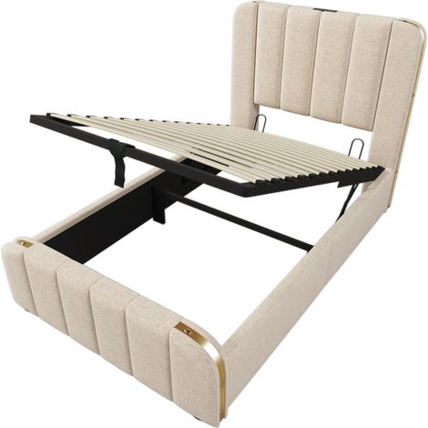 Cama individual capitoné 90 x 200 cm en lino beige con USB Type-C y arcón hidráulico, HOMVRA (1/5)
