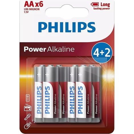 Philips Power Alkaline Battery LR6P6BP/10 - Batterie (Batteria monouso, AA, Alcalina, 1,5 V, 6 pezzi, 14 mm)