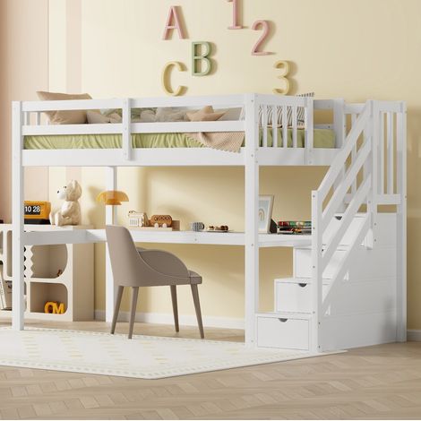 Bett Kinder-Hochbett modern aus Kiefer Weiß 90x200 cm mit Schreibtisch unter dem Bett und Stauraumtreppe (1/5)