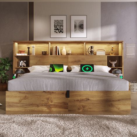 Lit 180x200cm - Rangement Hydraulique - LED 20 Couleurs - Ports USB et Type-C - Chevets et Tablettes Intégrés - Structure Bois et Métal - Capacité 300kg - Effet Chêne (1/5)