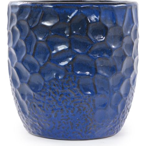 Maceta de cerámica Ø18 cm azul oscuro brillante con drenaje para escritorio - MEUBLIV (1/5)