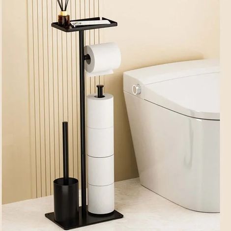 Serviteur WC,Acier Inoxydable Porte-Papier Toilette sur Pied avec Brosse et Etagere, Support Papier Toilette sans Percage (1/4)