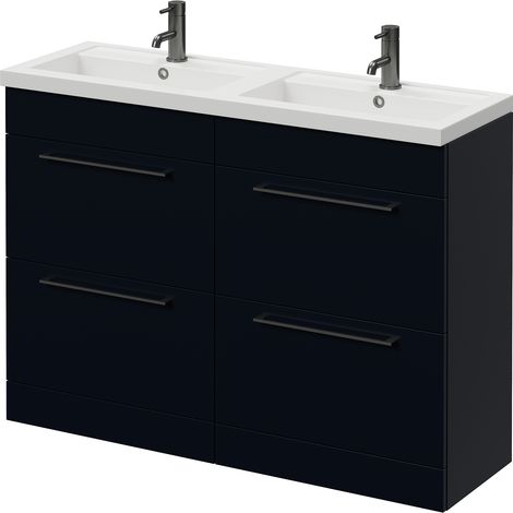 Napoli 390 Deep Blue 1200mm 4 Drawer Vanity Unit with Double Lucia Basins - 1200mm - Gunmetal Grey 320mm Handle