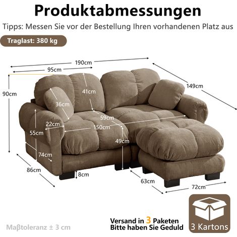 Canapé d'angle modulable 2 places en chenille marron, pouf mobile, assise matelassée, 190 x 149 x 90 cm pour salon (1/5)