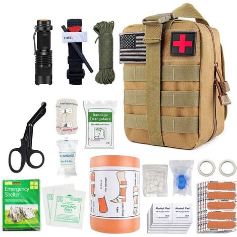 Trousse de secours complète militaire tactique Assemblée En UE normes CE+petite trousse+bandoulière+tire tique+bracelet survie-Conçue pour la randonnée,voyage,airsoft(brun)-- (1/5)