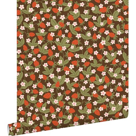 papier peint fraises vert olive grisé et rouge - ESTAhome (1/5)