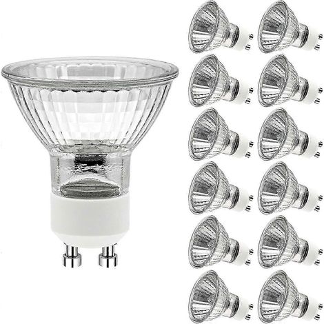 Packung mit 12 GU10 Halogenlampen für Strahler, dimmbar, 50 W, 220 V, 2 Pins, lange Lebensdauer. (1/5)