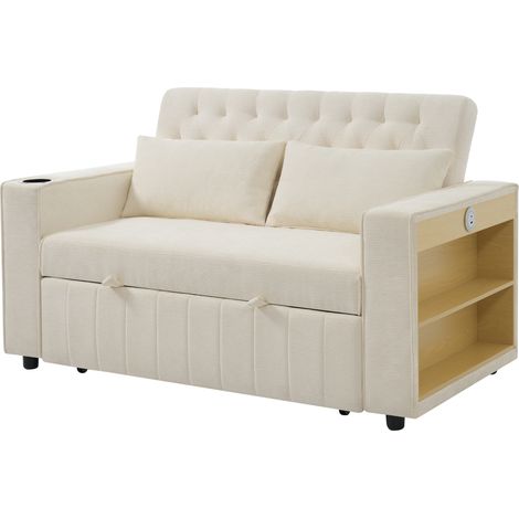 Sofá cama multifuncional beige de chenilla con almacenamiento, puertos USB, portavasos y cojines (1/5)