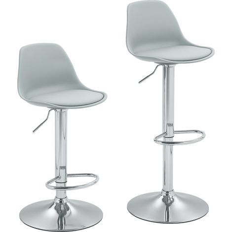 Lot de 2 tabourets de bar gris en cuir synthétique, hauteur réglable avec dossier et pied en acier chromé (1/5)