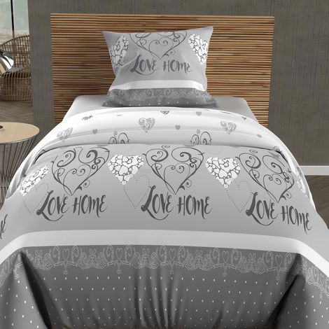 Parure housse de couette coton 57 fils 140x200 cm VALENTINE gris, par Soleil d'Ocre (1/5)