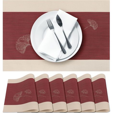 Lot de 6 Sets de table, motif feuilles de ginkgo, antidérapants, résistants à la chaleur, PVC et polyester, pour cuisine (1/5)