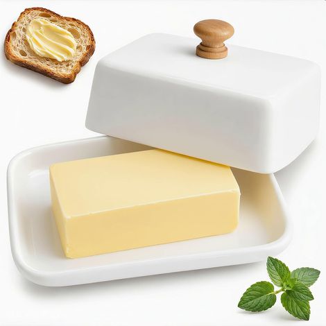 Beurrier Ceramique, Beurrier 250g, Beurrier Avec Couvercle, pour une Utilisation au Réfrigérateur et à Table, Compatible Lave-Vaisselle (Blanc) (1/5)
