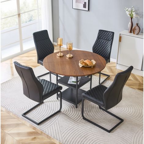 Rundes Esstisch-Set aus MDF und schwarzem Metall mit 4 schwarzen Stühlen, Industrial Style, mit Doppelfach (1/5)