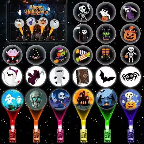 Halloween Calendar Projector Flashlight Kids Light-Up Toy with 24 Patterns - 24-Day Halloween Gift Box Blind Box