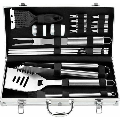 Kit de barbacoa - 20 utensilios de acero inoxidable para barbacoa en estuche de aluminio - Juego de herramientas para barbacoa, ideal para camping, viajes y jardín - Ideal como regalo para hombres y m