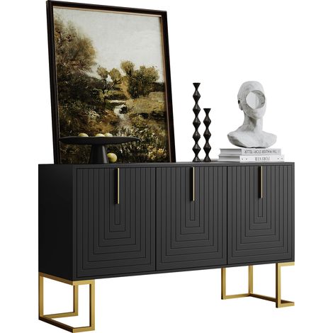Buffet 3 Portes Noir En Mdf Avec Base Métal En L Et Poignées Dorées – Rangement Modulable (1/5)