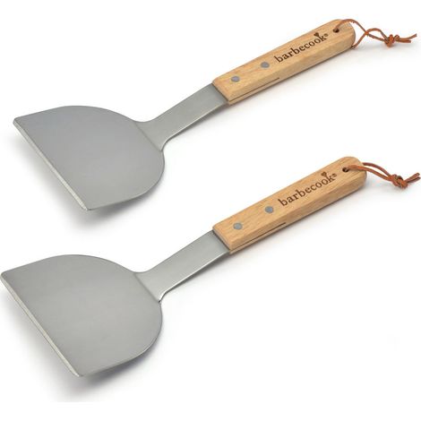 Set de 2 spatules en inox et bois pour plancha – Manche en bois certifié FSC® – Optimise le retournement des aliments – Barbecook