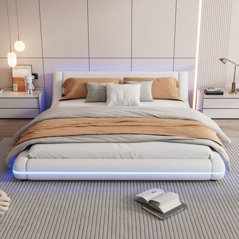 Lit bas 160x200 cm en PU blanc avec LED périphériques et sommier à lattes (1/5)