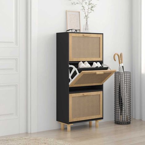 Armoire à chaussures 3 tiroirs noire en bois et rotin 52 x 25 x 115 cm - PANGIVO (1/5)