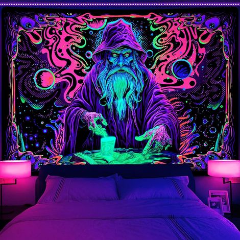 Tapisserie à lumière noire pour chambre à coucher, tapisserie réactive aux UV, tapisserie murale étoilée néon à suspendre(51,2 x 59,1 pouces) (1/5)