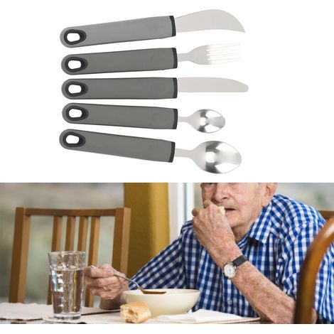5pcs Supplités spéciales Ustensiles adaptatifs, couteau à fourche en acier inoxydable et cuillère avec des poignées côtelées non glissantes pour les tremblements de main, (Gray) (1/5)