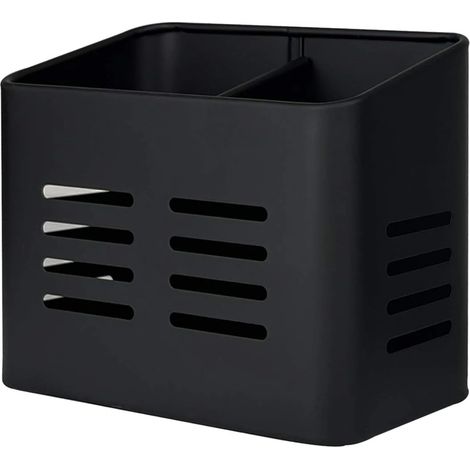 Boîte à couverts en métal à 2 compartiments, bac égouttoir à couverts 9 x 16 x 13,5 cm, organiseur vertical d'ustensiles pour plan de travail et table de cuisine (noir) (1/5)