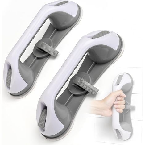 Poignées de baignoire et de douche (poignées de douche à ventouse, paquet de 2), poignées robustes et sûres conçues pour les personnes âgées, poignées de salle de bain accessibles, grises. (1/5)
