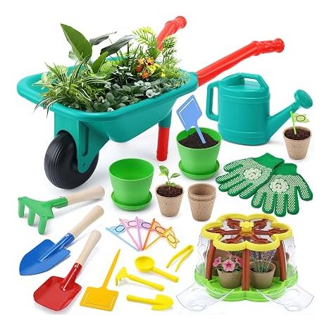 Kids Gardening Set, Plant Growing Kit with Wheelbarrow, 3 Metal Garden Tools, Kids Greenhouse with Improved Irrigation System, Indoor and Outdoor Toys (1/5)