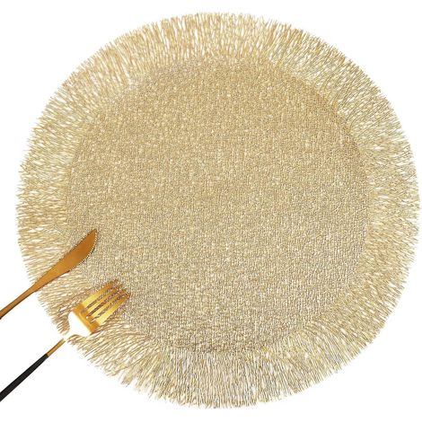 Set di 6 tovagliette rotonde in PVC color oro con design a spirale traforata, lavabili, adatte per pranzi, eventi, decorazioni per la casa e uso quotidiano (38 cm) (1/4)