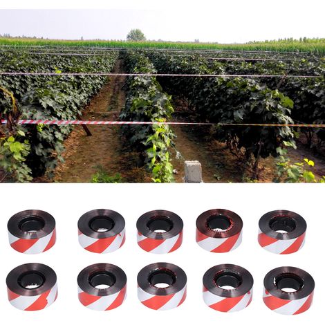 Packung mit 10 doppelseitigen, rot-silbernen Reflexbändern, 2,5 cm x 60 m, Vogelabwehr, für Obstplantagen. (1/5)