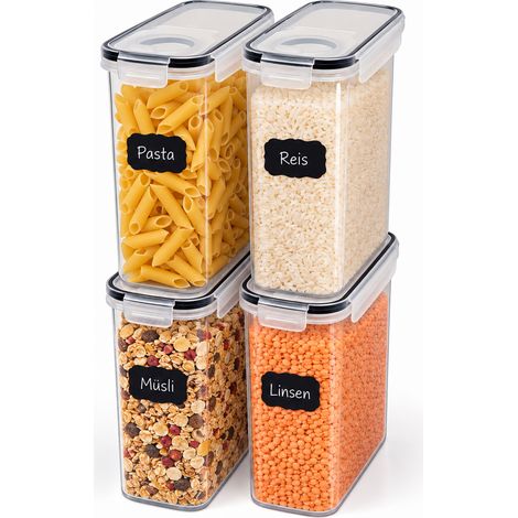Relaxdays Vorratsdosen, 4er Set, 4 l, luftdichter Deckel, Klickverschluss, Etiketten, Frischhaltedosen, transparent (1/5)