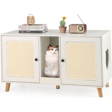 Letto per lettiera per gatti 108cm, doppio scomparto, 2 tiragraffi in sisal, tiragraffi, mobiletto per animali, bianco (1/5)