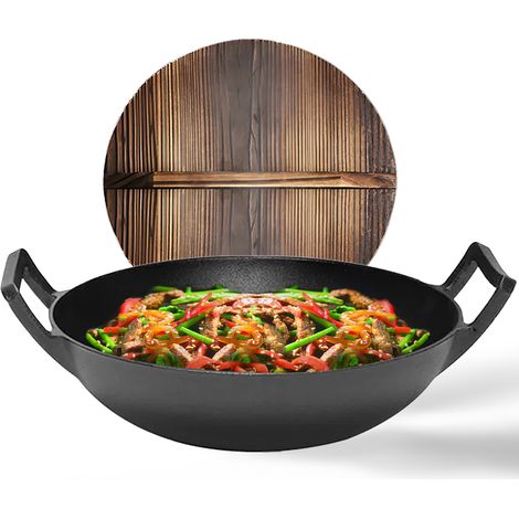 GrillX Wok en fonte - Avec couvercle en bois - Ø 36 cm - Wok en fonte - Poêle pour barbecue et induction - Sans PFAS - Woks
