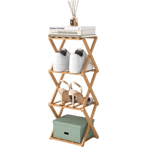 JF HOME BLISS Shoe Rack Foldable Bamboo Freestanding Shoe Organiser for Small Spaces Tall Stand No Assembly Slim Narrow Storage Shelf for Hallway Bedroom Entryway Corner (Wood Color, 4 Tier - Narrow) (1/5)