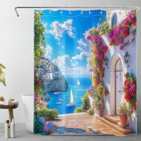 Côtier Grec Rideaux de Douche 150x180cm Maison de Jardin Fleuri Rideaux de Bain avec Crochets,Été Nautique Bleu mer Court Imperméable Polyester Anti Moule Salle de Bain Décor (1/5)