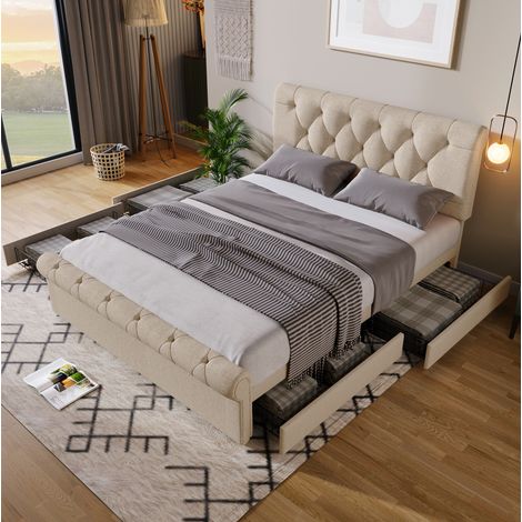 Cama matrimonio con 4 cajones y cabecero ajustable OKMYHOME (1/5)