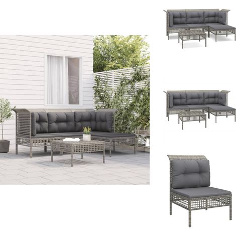 5-tlg. Garten-Lounge-Set mit Kissen Grau Poly Rattan - Gartenmöbel - Loungesessel - Outdoor Möbel - Rattan Gartenmöbel - Gartenecke (1/5)