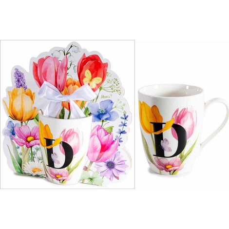 Tasses en porcelaine imprimé floral et initiale D en coffret cadeau découpé avec nœud, lot de 3, tasse : diam. 8 cm x H. 10,5 cm