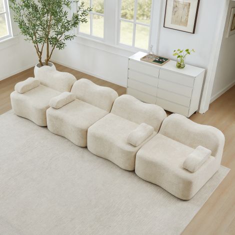 Canapé modulable 4 places sans structure, forme ondulée, mousse haute densité 32D, assise profonde, coussins d'accoudoirs mobiles, idéal pour salon, couleur beige (1/5)