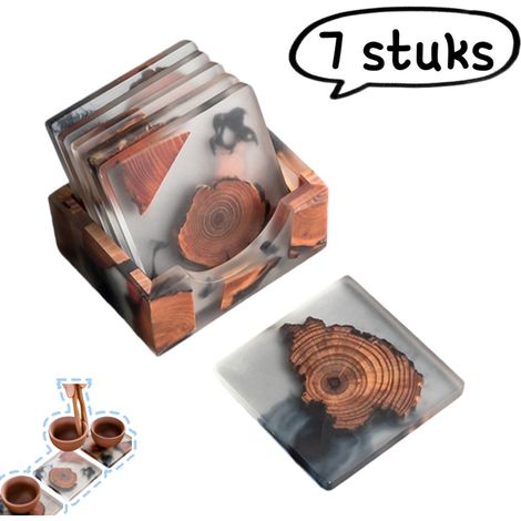 Lot de 7 sous-verres en bois, tapis isolants en résine, porte-tasses et assiettes, accessoires pour cérémonie du thé, ronds, blancs (1/5)